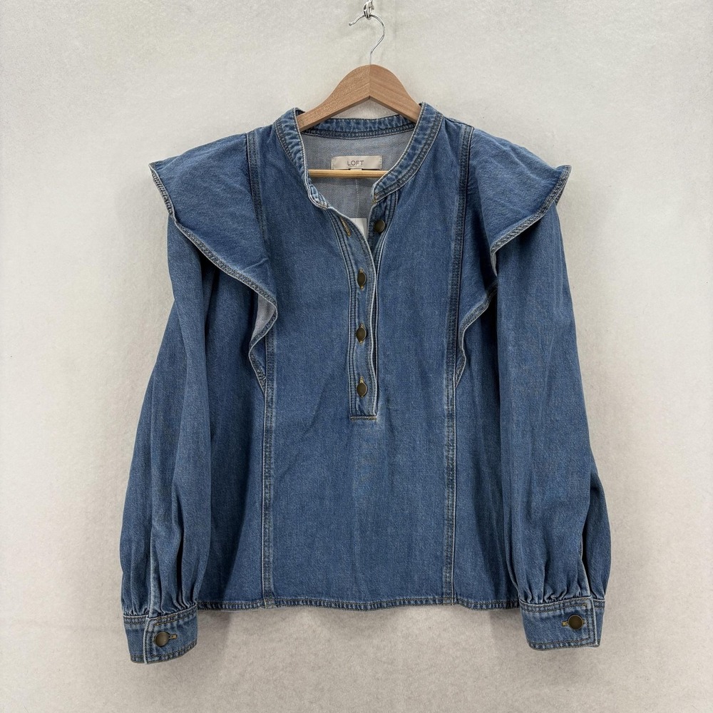 LOFT Blouse Womens XL Blue Denim Ruffle Henley Long Balloon Sleeve Top NWT